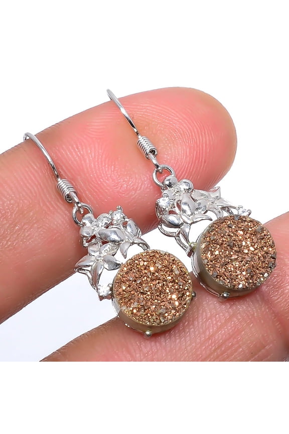Copper Titanium Drusy, Cubic Zirconia 925 Sterling Silver Earring 1.37" S2655, Handmade Jewelry, Dangle Earring