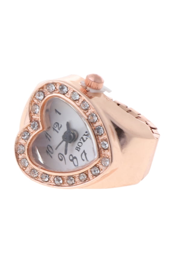 Copper Tone Heart Shape Housing Elastic Band Finger Ring Watch For Women