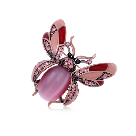 Copper Tone Light Rose Colored Rhinestones Ladybug Fly Insect Brooch Pin