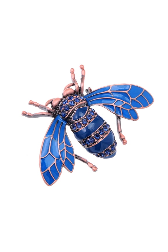 Copper Tone Shine Sapphire Blue Crystal Rhinestones Enamel Beetle Bee Brooch Pin