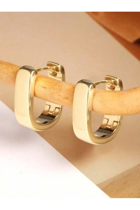 Copper Tone U-Shaped Chunky Hoop Earrings, Simple Rectangular Oval Design, Polished Lightweight Women Jewelry