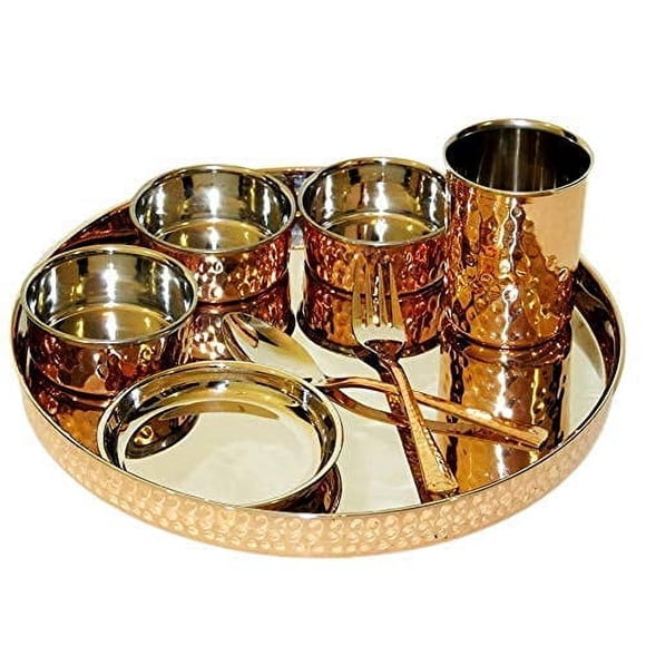 Copper Traditional Dinner Set of Thali Plate, Bowls, Fork, Glass Spoon and Serving Spoon, Diameter 13 Inch Diwali Gifts Items Stainless Steel Copperware Thali (Set of 8 pieces)