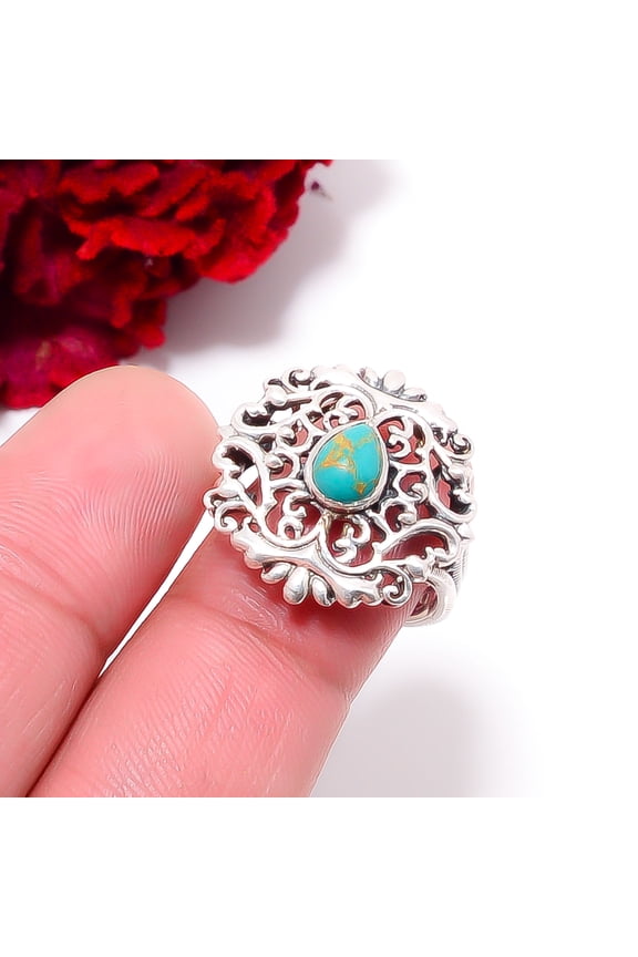Copper Turquoise Designer Handmade 925 Sterling Silver Ring S.8.5 R98024, Christmas Gift