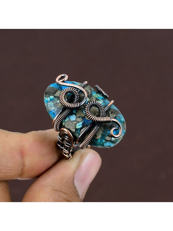 Copper Turquoise Gemstone Handmade Copper Wire Wrap Jewelry Ring Size 8.5