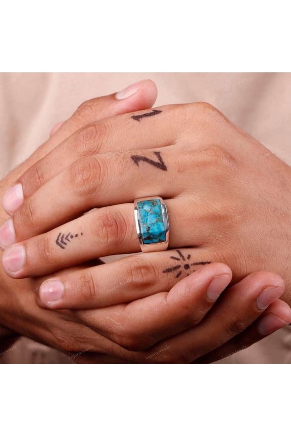 Copper Turquoise Mens Ring, 925 Sterling Silver, Gemstone Handmade Ring, Natural Gemstone Signet Ring, Gift For Him