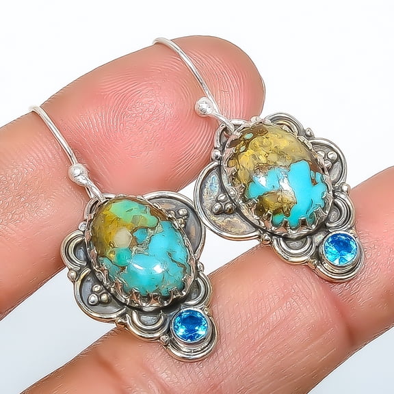 Copper Turquoise - Pilot Mountain & Blue Topaz 925 Sterling Silver Earring 1.56" T25, Beautiful Jewelry For Woman & G, New Year Sale, Valentin's Day G