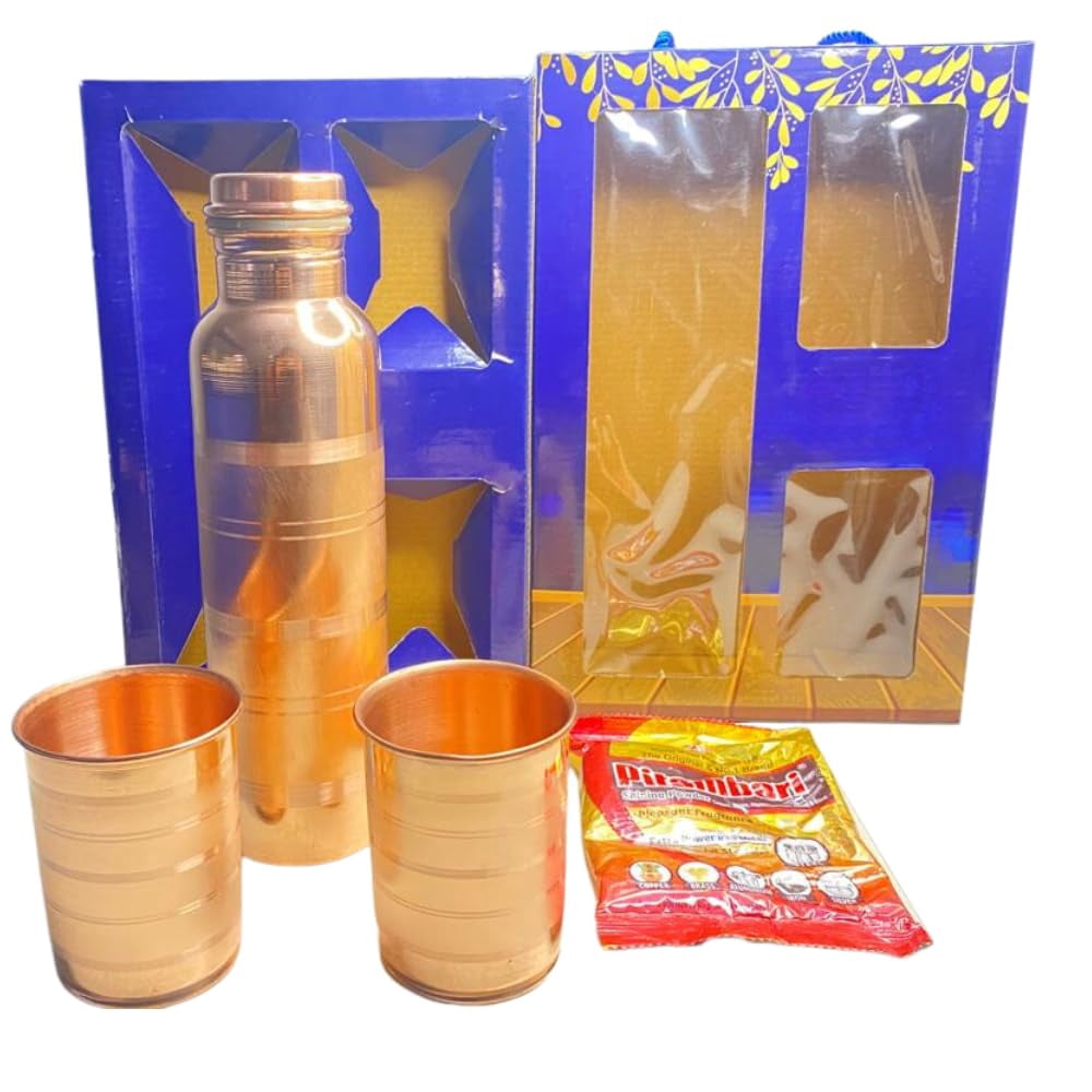 Copper Water Bottle 1 litre, with 2 copper glass Plain, Copper bottle 1 litre | Office water Bottle copper | Yoga Bottle | Hiking | Treking Bottle | Travel Bottle (Lacer Design) 1 Pitambari Free.