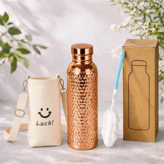 Copper Water Bottle 27 oz (800ml), Leak-Proof Sports Water Bottle with Adjustable Carry Bag and Bottle Brush, Large Capacity Copper Bottle for Water, Tea, Juice and More, Cooper Water Bottles