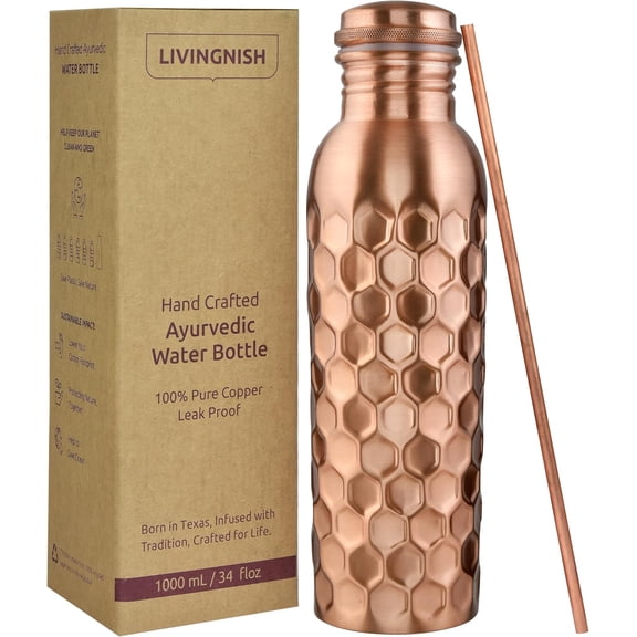 Copper Water Bottle 34 Oz Wide Mouth Honeycomb Style