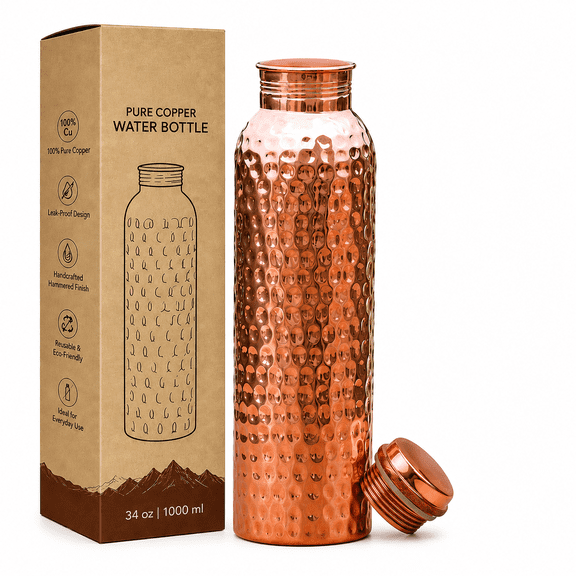 FAB CASTLE Pure Copper Water Bottle, 34 oz (1000 ml), Hammered Copper Water Bottle with Leak-Proof Screw Lid, Reusable Flask