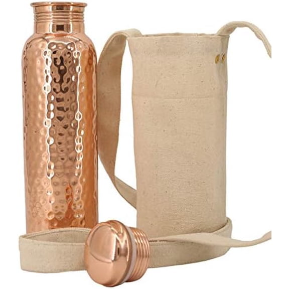 Copper Water Bottle (34oz/1000ml) w/a Carrying Canvas Bag | 100% Pure Copper Bottle for Drinking Water | Lab-Tested, Heavy Duty & Leak-Proof | Authentic Ayurvedic Copper Water Bottle