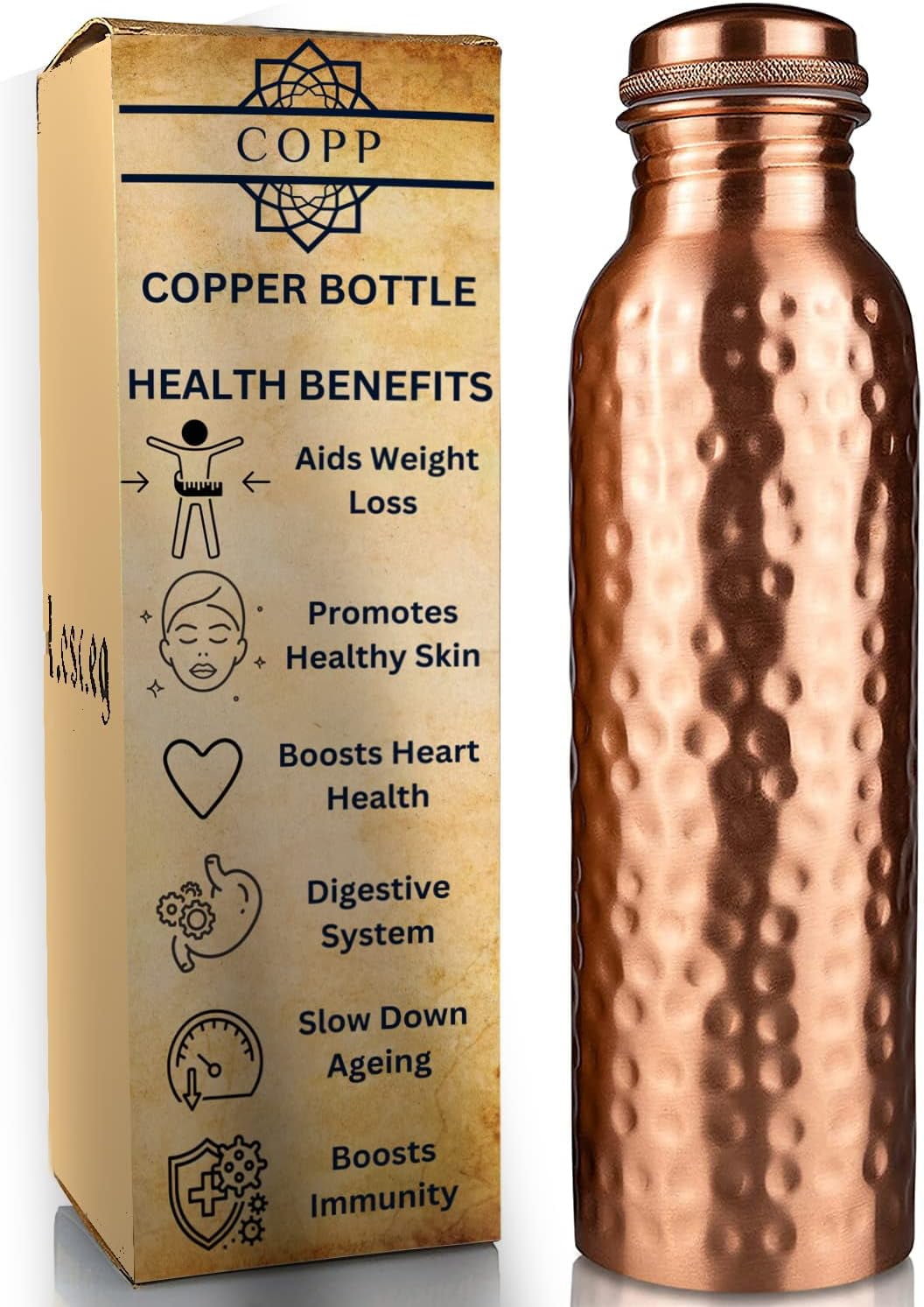 Copper Water Bottle - 34oz Vintage Modern Design - An Ayurvedic Pure Copper Vessel For Drinking- Drink More Water, Lower Your Sugar Intake And Enjoy The Health Benefits Immediately