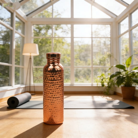 Copper Water Bottle 800ml Handmade Polished Ayurvedic Drink Bottle Textured Electroplated Finish Leakproof Yoga Hydration Flask (800ml)
