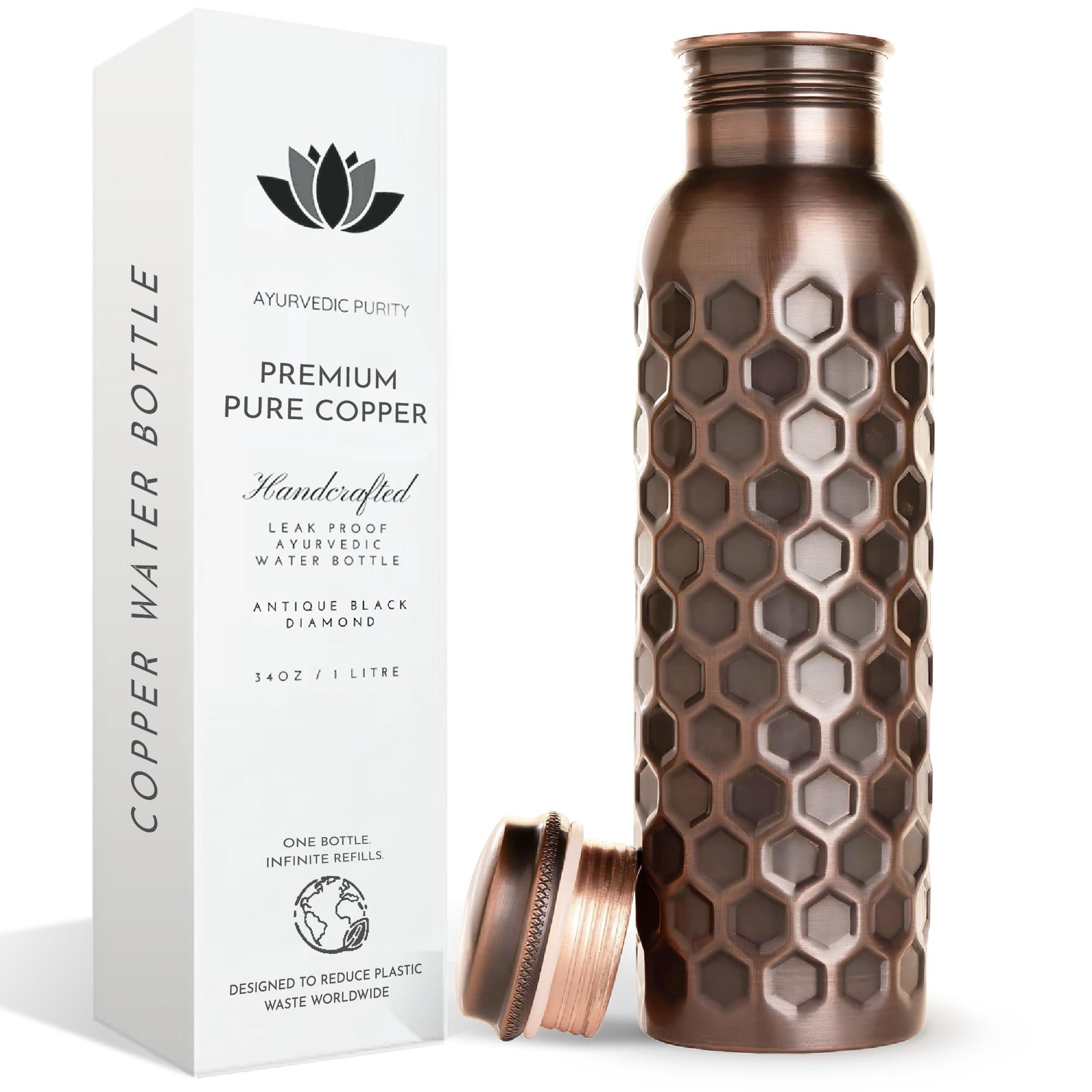 Copper Water Bottle For Drinking  34 Oz Antique Black - Stay Hydrated And Enjoy Ayurvedic Benefits Leak-proof Temperature Retention Design Durable