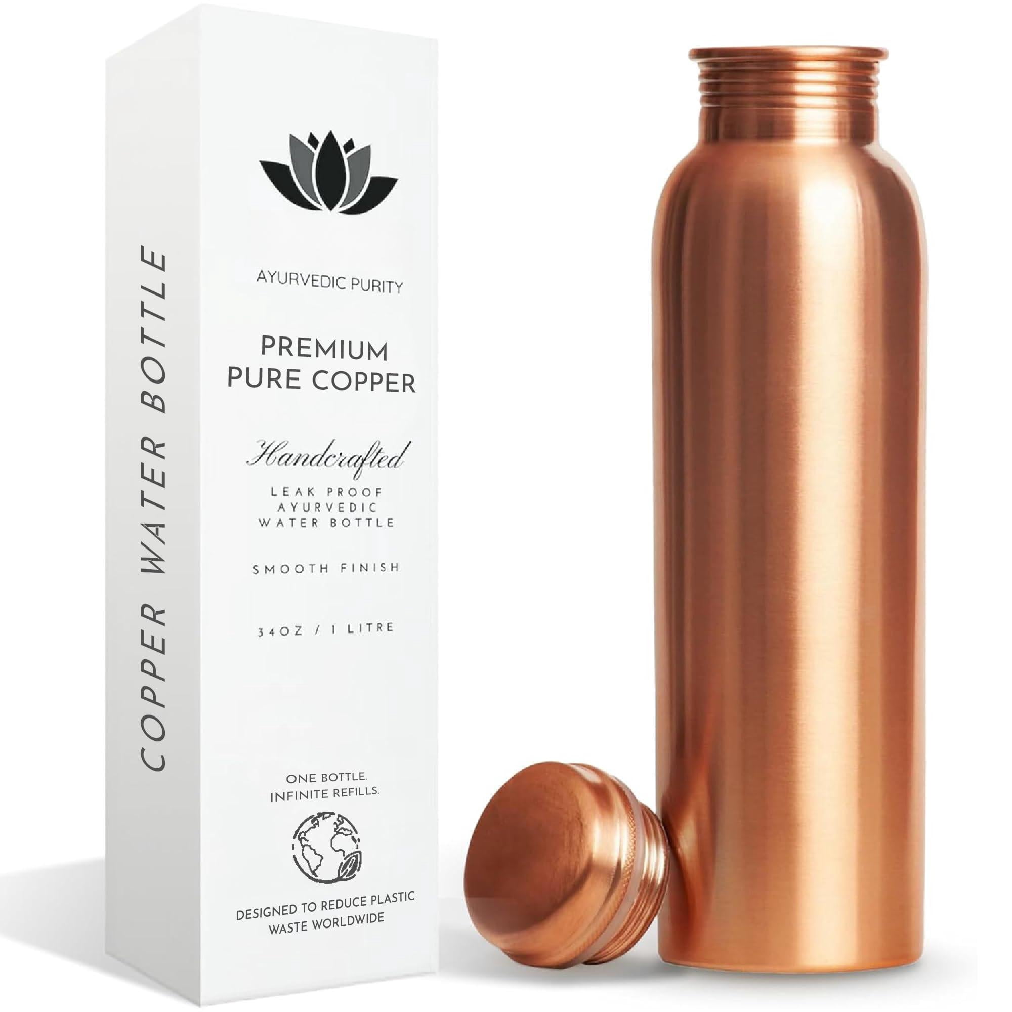 Copper Water Bottle For Drinking  34 Oz Smooth Finish - Stay Hydrated And Enjoy Ayurvedic Benefits Leak-proof Temperature Retention Design Durable