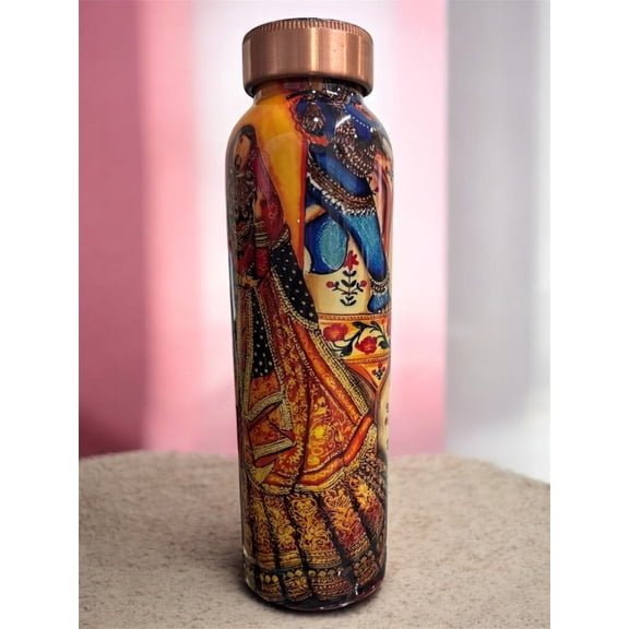 Copper Water Bottle with Traditional Rajasthani Meenakari 'Padharo Mhare Desh' Design 900 ML Perfect for Home, Travel