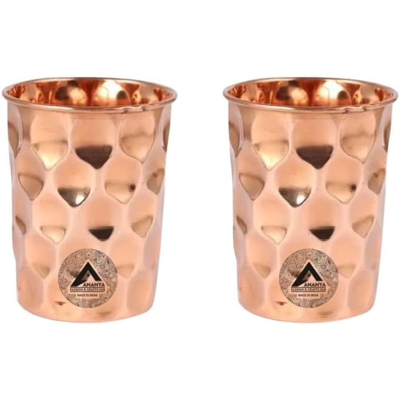 Copper Water Drinking Glass Set of 2 Ayurvedic Health Tumblers Copper Cups 10.14 Oz (300 ml) Diamond