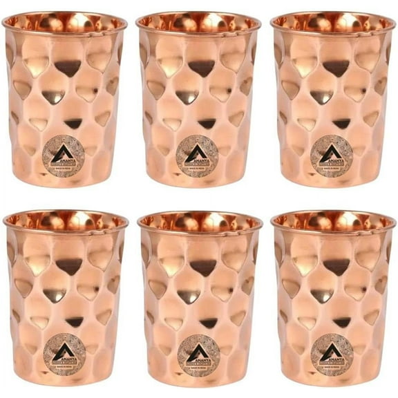 Copper Water Drinking Glass Set of 6 Ayurvedic Health Tumblers Copper Cups 10.14 Oz (300 ml) Diamond