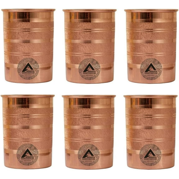 Copper Water Drinking Glass Set of 6 Ayurvedic Health Tumblers Copper Cups 10.14 Oz (300 ml) Silver Touch