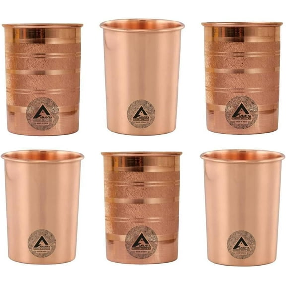 Copper Water Drinking Glass Tumbler Cup Handcrafted Office & Set of 6, 10.14 Oz (300 ml) Plain Silver Touch