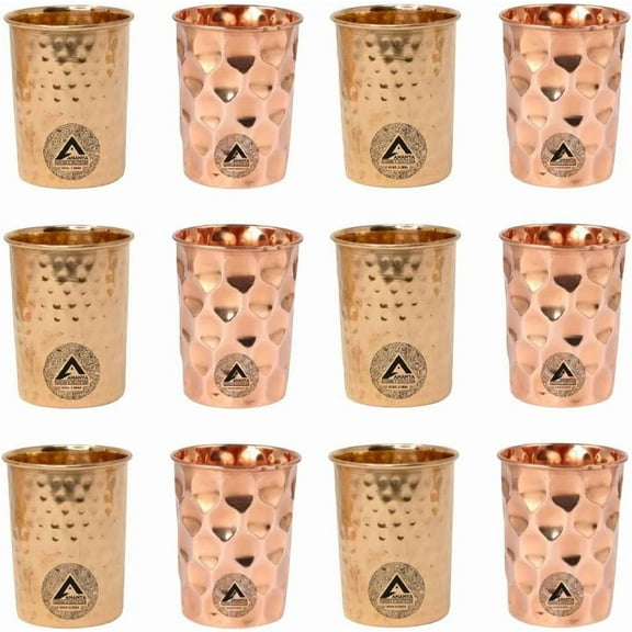 Copper Water Drinking Glass Tumbler Cup Handcrafted Office & Set of 8, 10.14 Oz (300 ml) Hammered Diamond