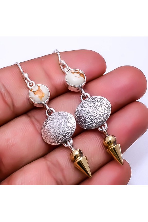 Copper White Turquoise 925 Sterling Silver Two Tone Arrow Head Earring 2.34" E48, Beautiful Jewelry For Woman, New Year Sale, Valentin's Day Gift