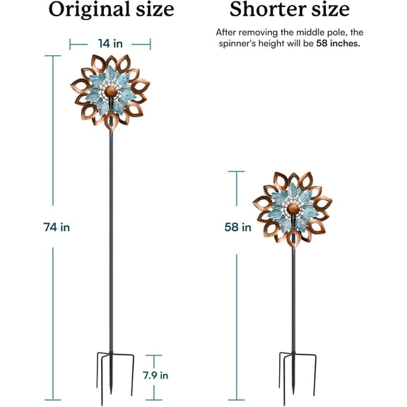 Copper Wind Spinners Outdoor 74 Inches with Solar LED Light, Kinetic Dual Wind Sculptures & Spinners for Yard Lawn Garden Decor, Large Metal Clearance Windmill with Bronze Leaf