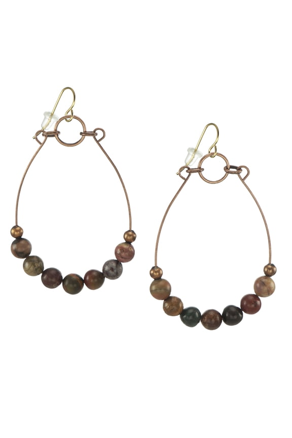 Copper Wire & Jasper Gemstone Boho Statement Earrings, Hypoallergenic Earwires