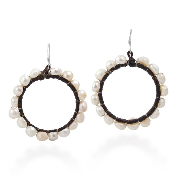 Copper Wire White Pearl .925 Silver Dangle Earrings