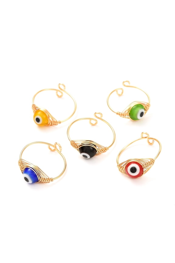 Copper Wire Wrapped Handmade Lampwork Adjustable Rings for Women or Men Cuff Finger Rings Real 18K golden Plated Mixed color 1mm Inner Diameter: 19mm