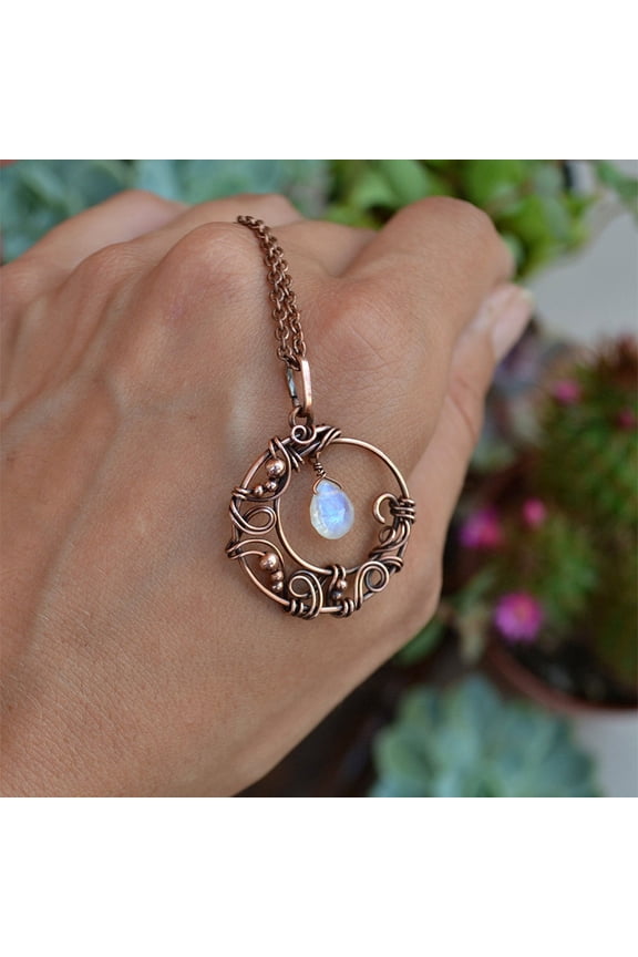 Copper Wire Wrapped Moon with Moonstone Drop Pendant Necklaces Alloy Chain Necklaces for Women Red Copper 18.11 inch(46cm)