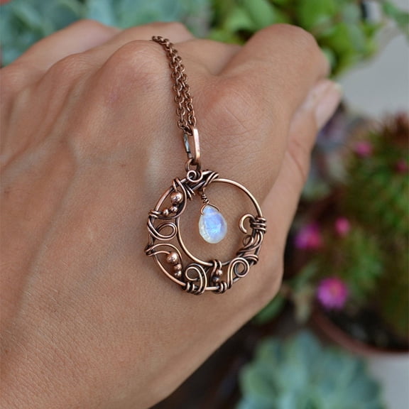 Copper Wire Wrapped Moon with Synthetic Moonstone Drop Pendant Necklaces Alloy Chain Necklaces for Women Red Copper 18.11 inch(46cm)