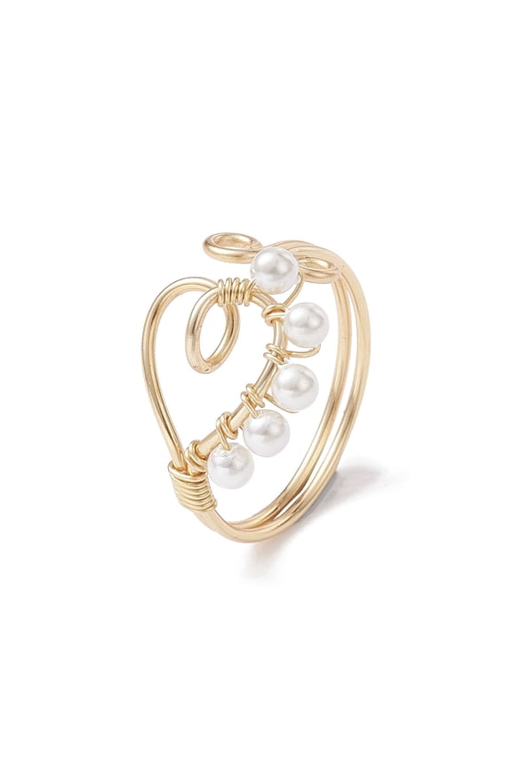 Copper Wire Wrapped Natural Cultured Freshwater Pearl Open Ring Heart Cuff Finger Ring for Women Light golden 2~14.5mm Inner Diameter: 19mm