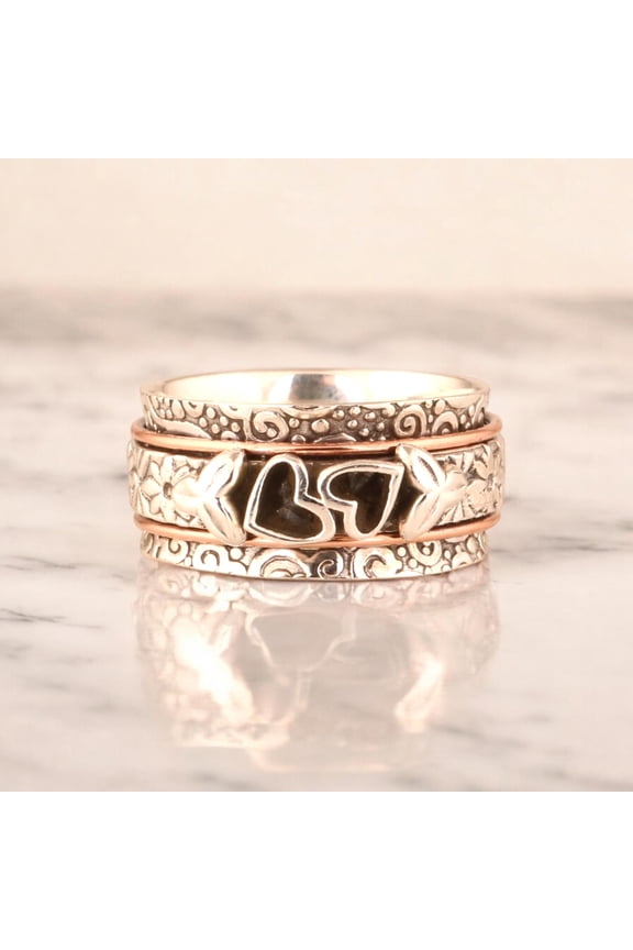 Copper With Silver Ring, 925 Sterling Silver Ring, Spinner Ring, Heart Designed Ring, Hammered Ring, Band Ring, Boho Ring, Gift For Her,...