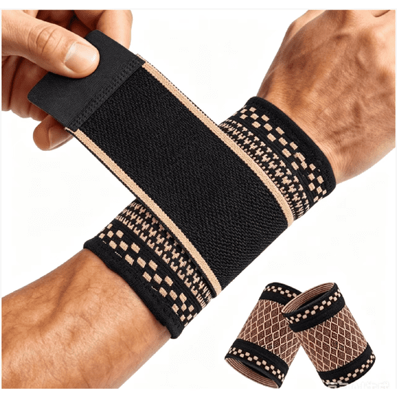 Copper Wrist Compression Brace (2-Piece Set), Elastic Wrist Support Sleeve, muñequeras, Adjustable Wrist Support Strap, Carpal Tunnel Syndrome Pain Relief