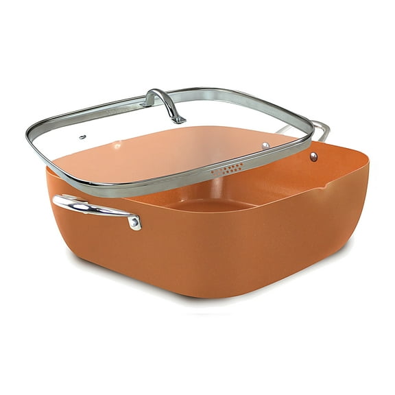 Simple & Co. 12" Nonstick Copper Square Pan Set - 6 QT with Pour Spout & Glass Lid