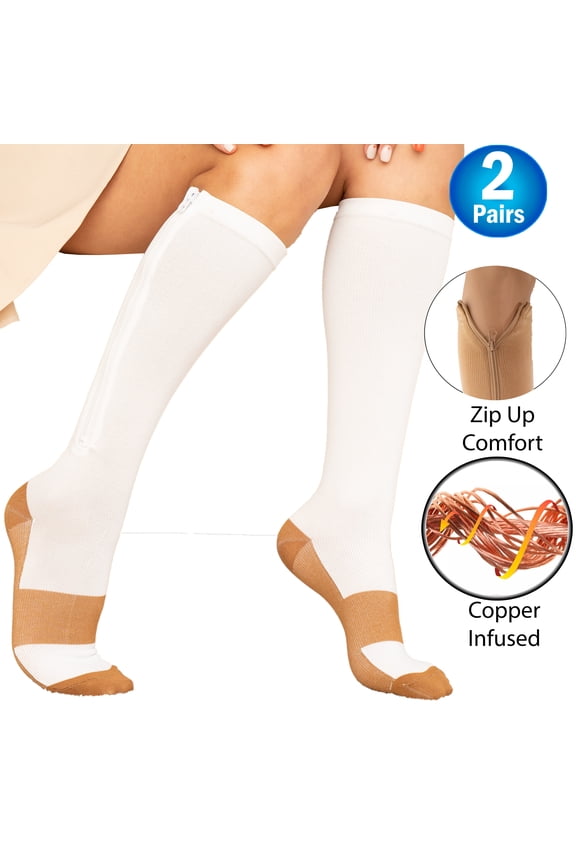 Copper Zipper Compression Socks w/ Closed Toe Knee High Support Stockings - Soft, Breathable Compression Socks For Support, Reduce Swelling & Better Circulation - White Regular (2 Pairs)