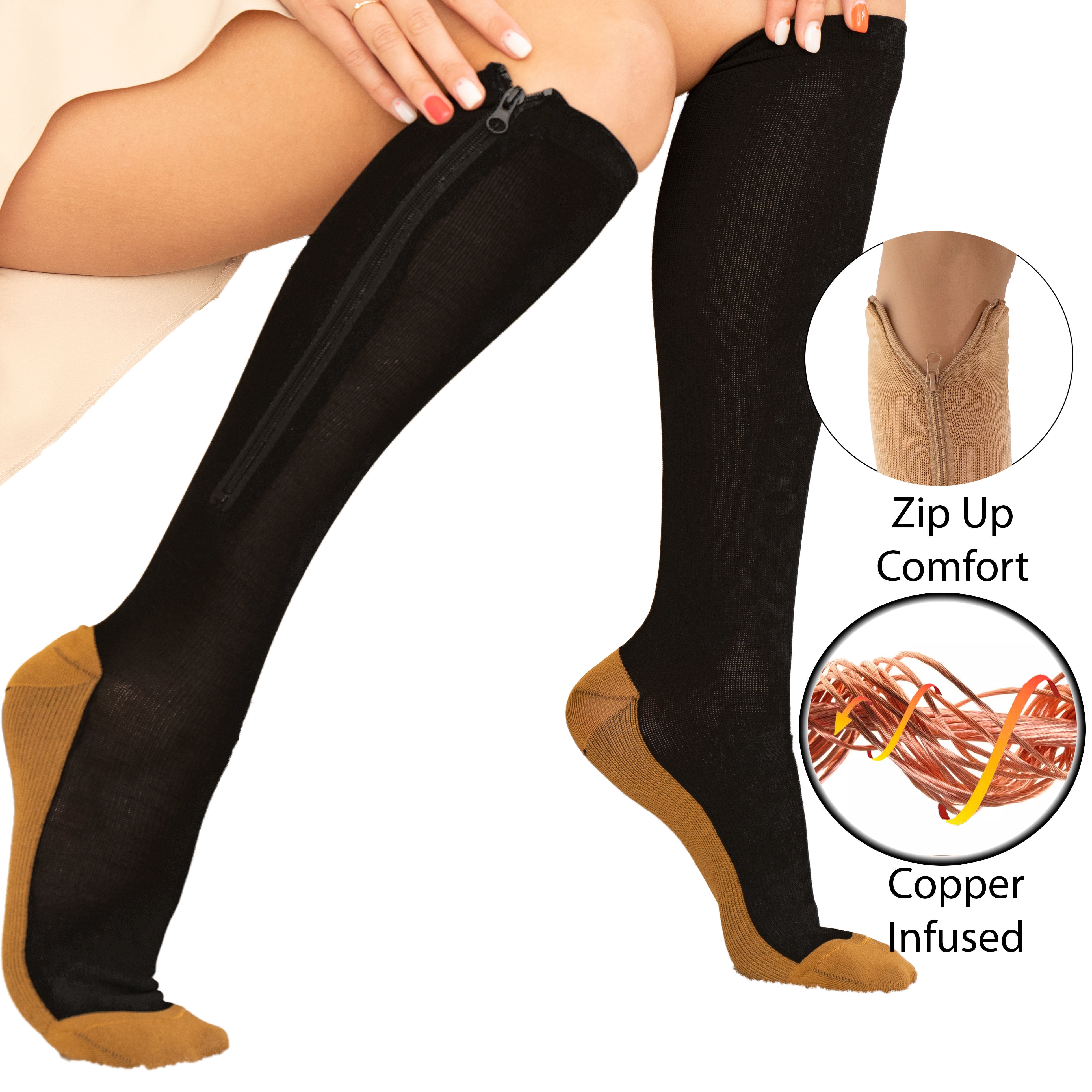 Copper Zipper Compression Socks w/ Closed Toe Knee High Support Stockings - Soft, Breathable Compression Socks For Support, Reduce Swelling & Better Circulation - Black 2X-Large