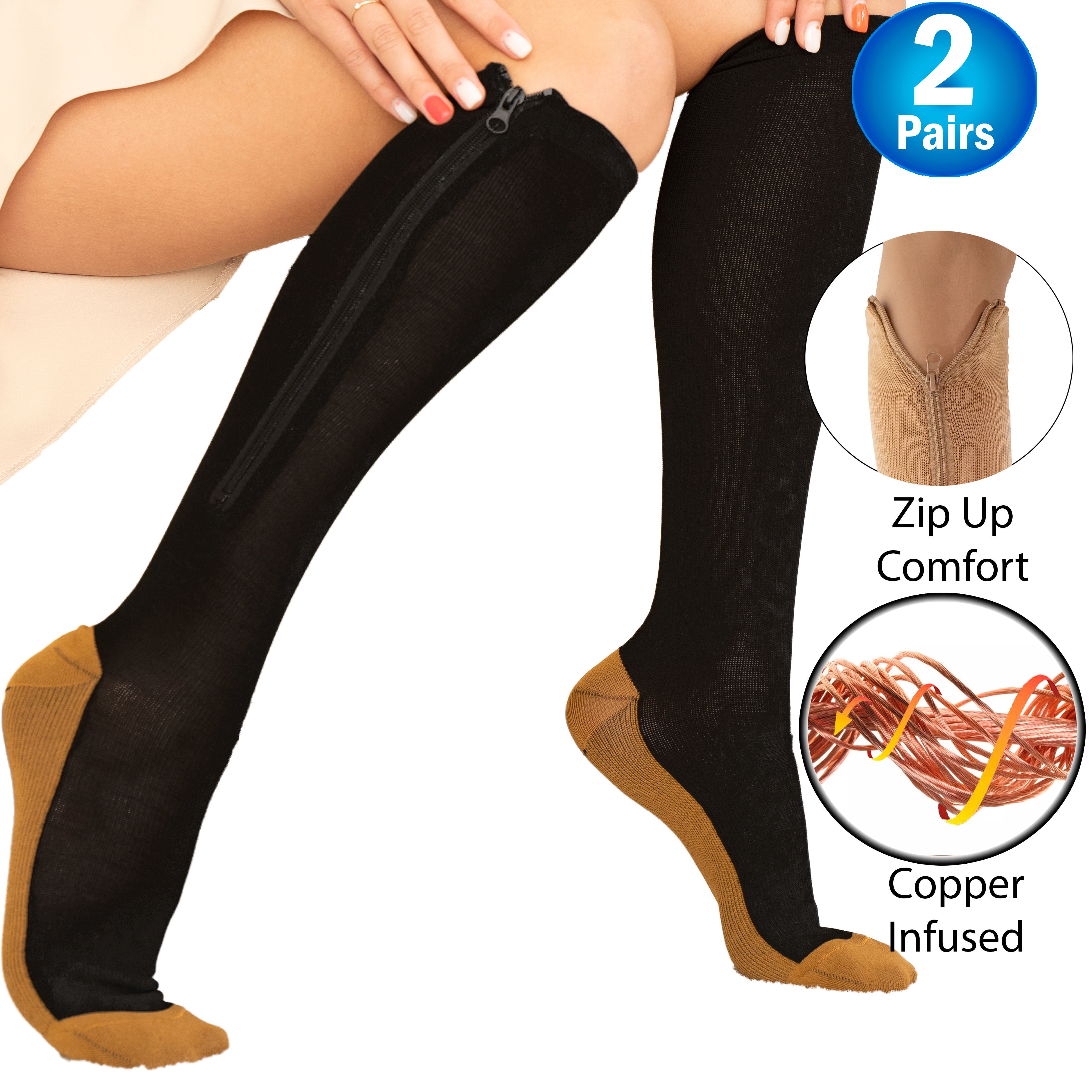 Copper Zipper Compression Socks w/ Closed Toe Knee High Support Stockings -  Soft, Breathable Compression Socks For Support, Reduce Swelling & Better