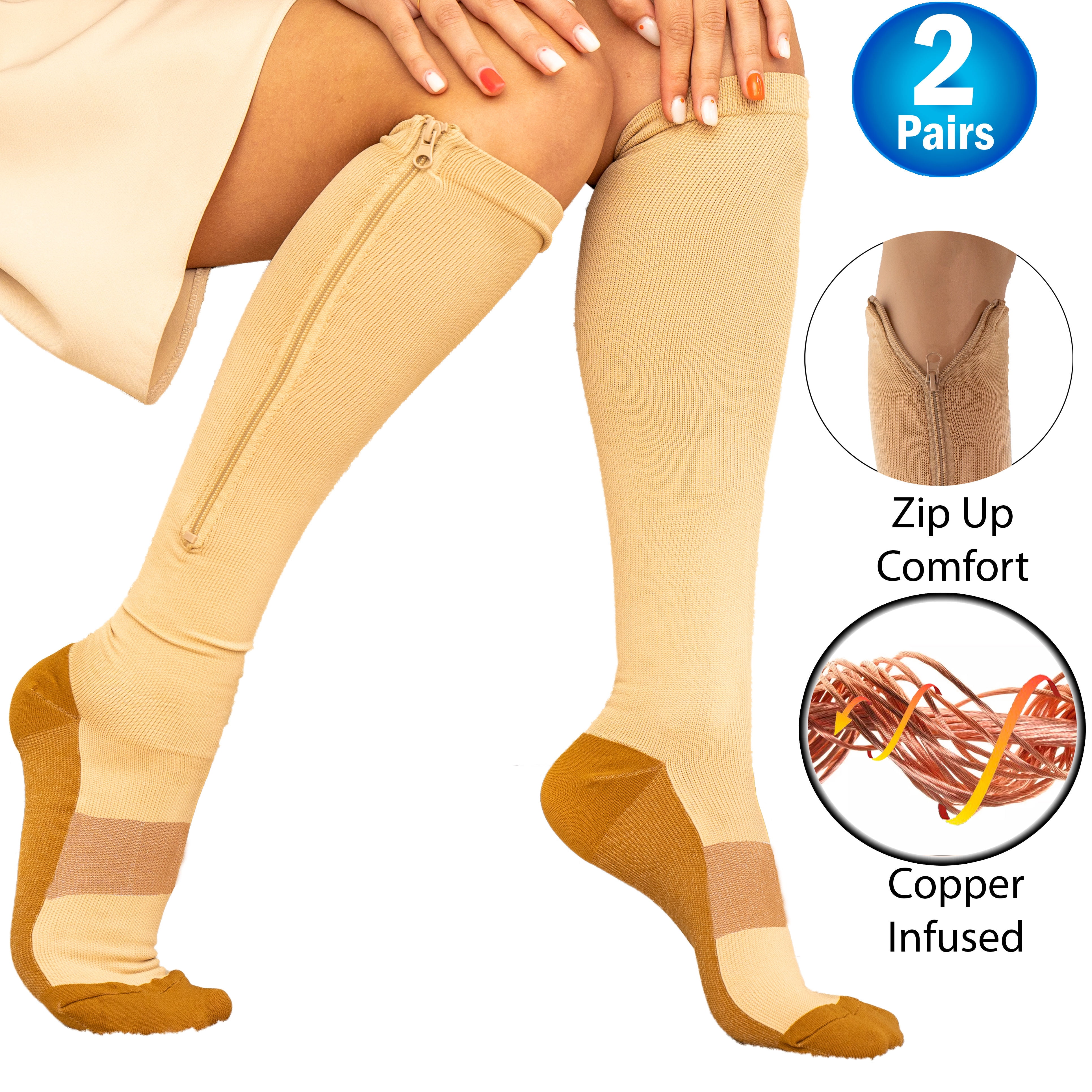 Copper Compression Socks Zipper Support Graduated Stockings Mens Women  20-30mmHg