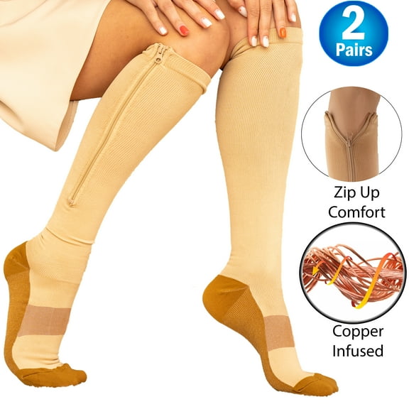 Copper Zipper Compression Socks w/ Closed Toe Knee High Support Stockings - Soft, Breathable Compression Socks For Support, Reduce Swelling & Better Circulation - Black Regular (2 Pairs)