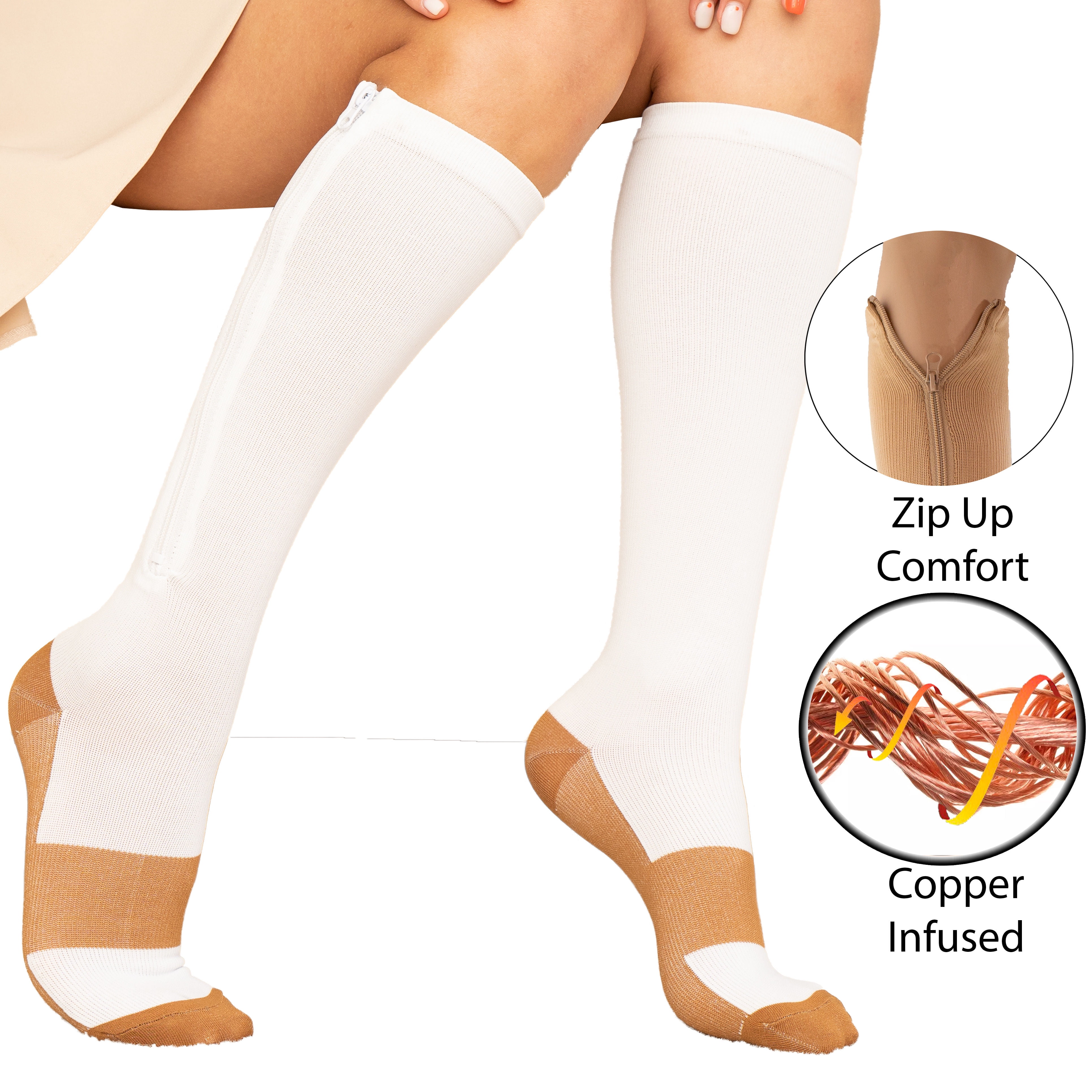 Copper Zipper Compression Socks w/ Closed Toe Knee High Support Stockings -  Soft, Breathable Compression Socks For Support, Reduce Swelling & Better  Circulation - Nude 2X-Large (2 Pairs) 