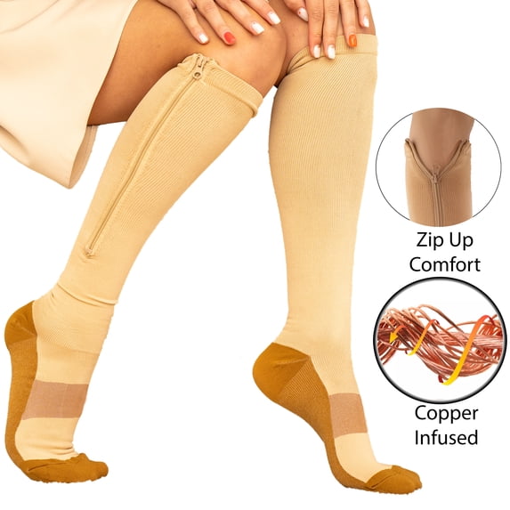 Copper Zipper Compression Socks w/ Closed Toe Knee High Support Stockings - Soft, Breathable Compression Socks For Support, Reduce Swelling & Better Circulation - Nude X-Large