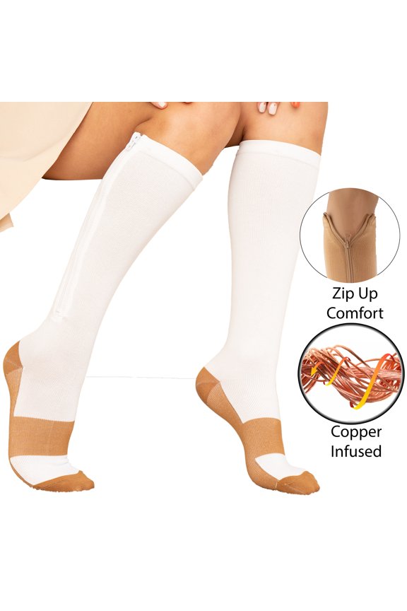 Copper Zipper Compression Socks w/ Closed Toe Knee High Support Stockings - Soft, Breathable Compression Socks For Support, Reduce Swelling & Better Circulation - White Large