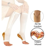 Copper Zipper Compression Socks w/ Open Toe Knee High Support Stockings - Soft, Breathable Compression Socks For Support, Reduce Swelling & Better Circulation - White Medium