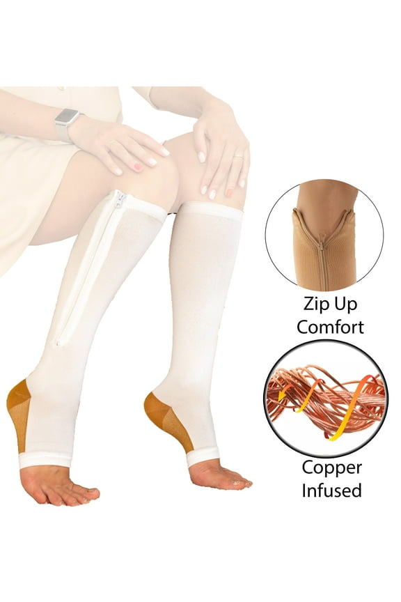 Copper Zipper Compression Socks w/ Open Toe Knee High Support Stockings - Soft, Breathable Compression Socks For Support, Reduce Swelling & Better Circulation - White Large