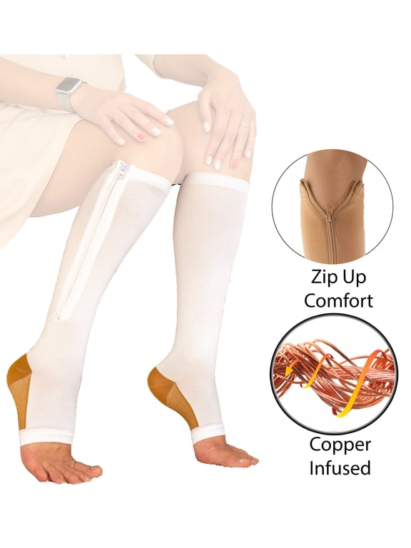 Copper Zipper Compression Socks w/ Open Toe Knee High Support Stockings - Soft, Breathable Compression Socks For Support, Reduce Swelling & Better Circulation - White Large
