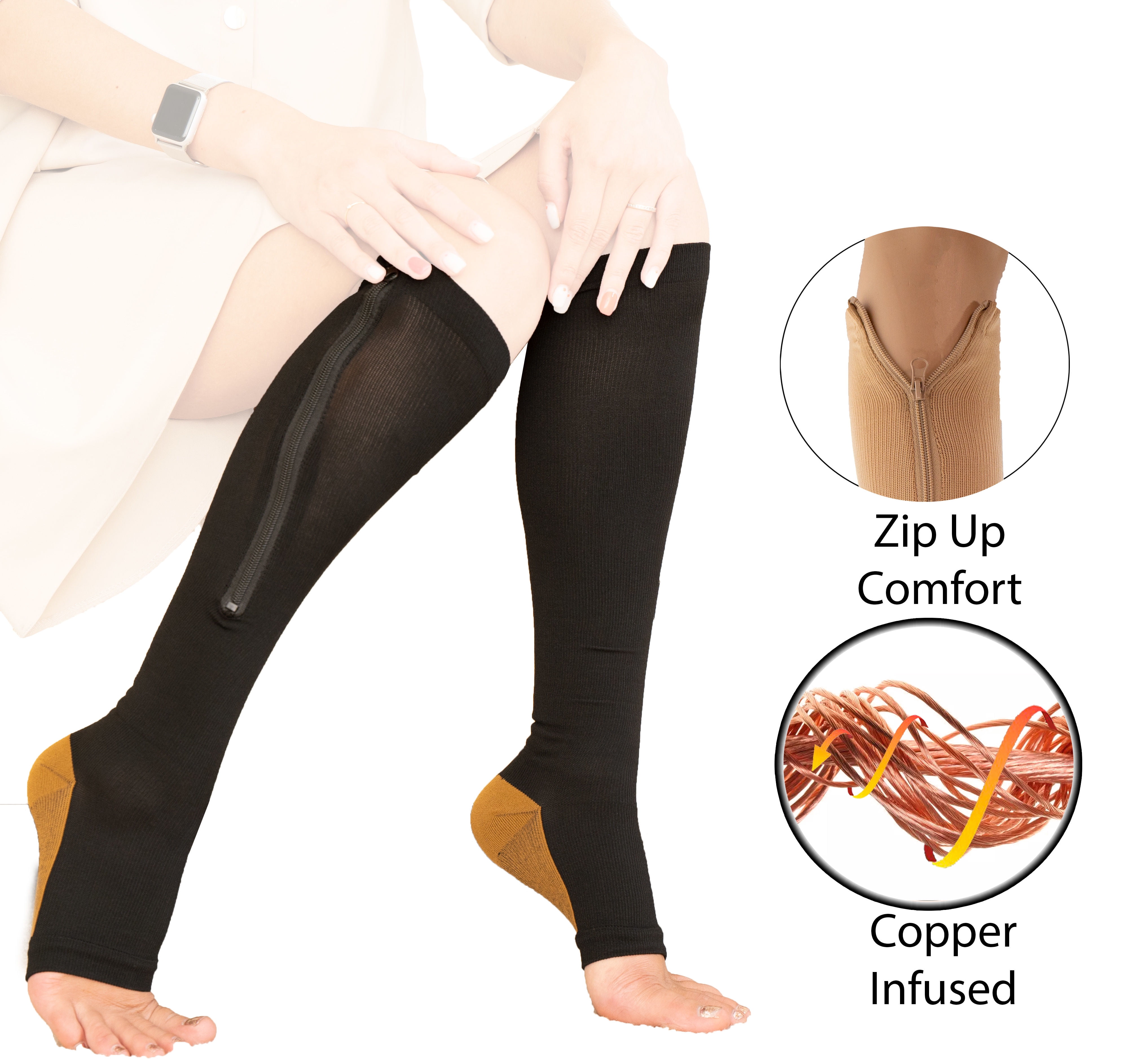 Copper Zipper Compression Socks w/ Open Toe Knee High Support