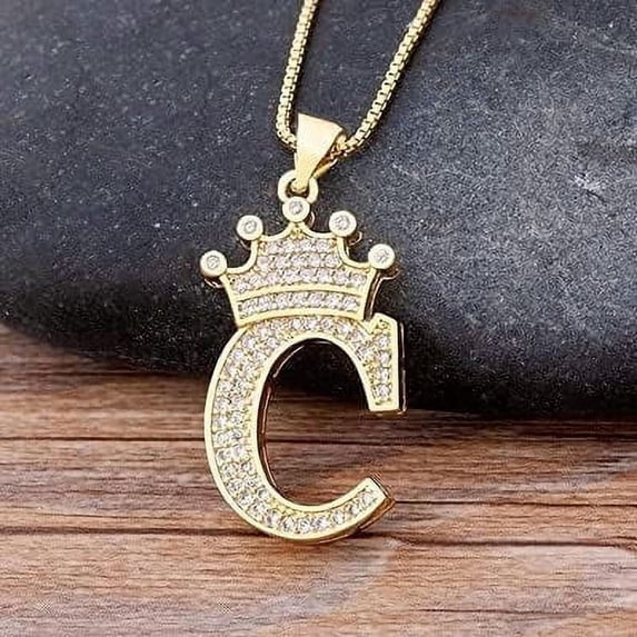 Copper Zircon A-Z Crown Alphabet Pendant Chain Necklace Hip-Hop Style Fashion Woman Man Initial Name Jewelry (Letter C)