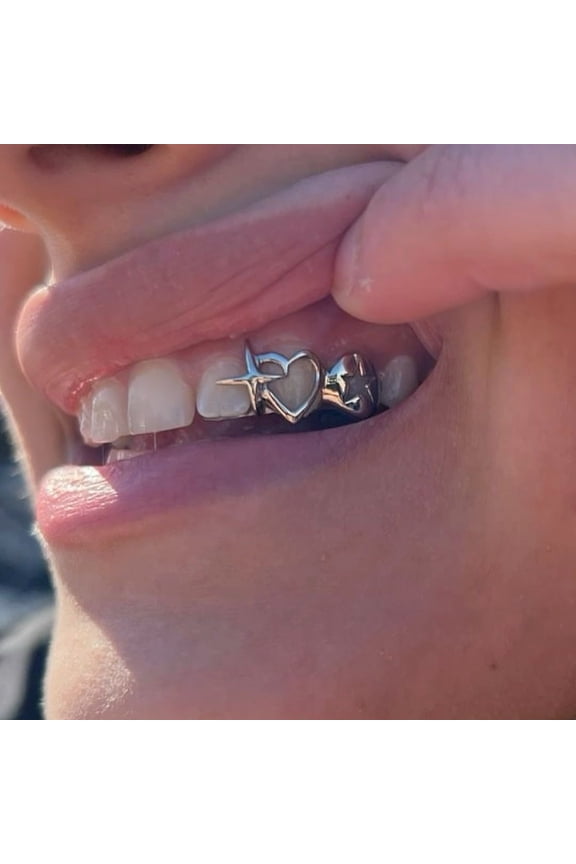 Copper Zirconia Christmas Grillz for Men & Women, Heart Star & Circle Design with Gold/Silver Tone, Festive Hip Hop Party Jewelry (Top & Bottom Set)